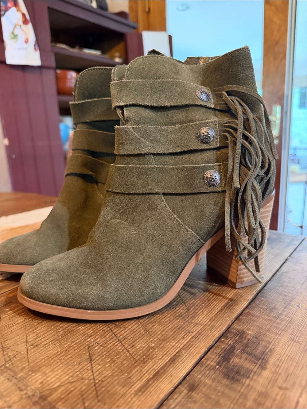 Yellow Box Olive Suede Fringe Strap Ankle Boots